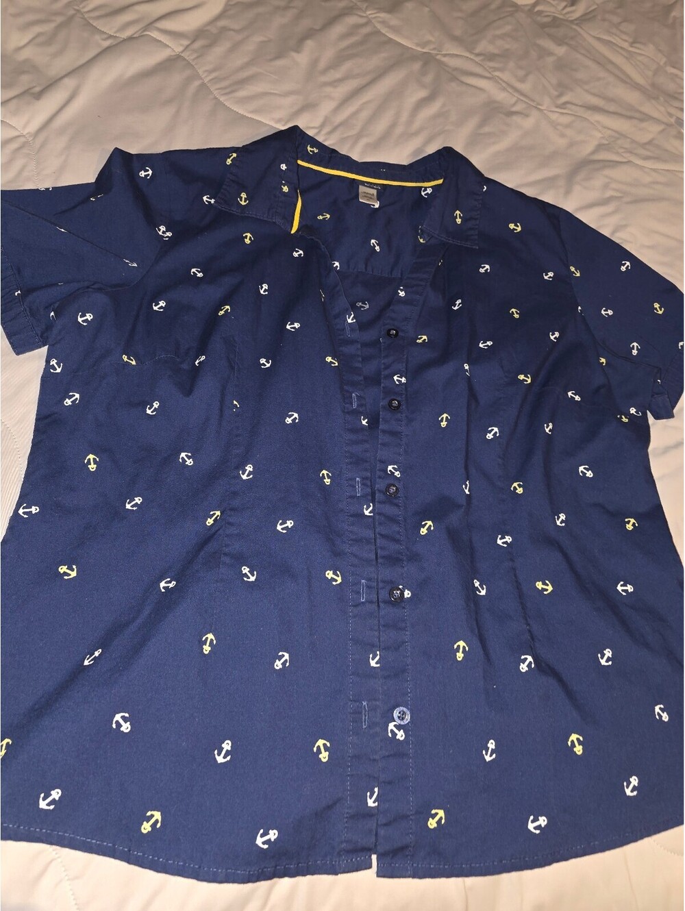 Basic Editions Navy Blue Anchor Print Short Sleeve Button Up Shirt Mens XLarge